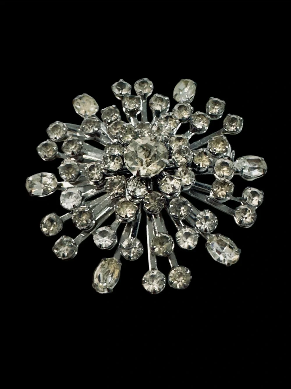 Vintage Rhinestone Starburst Brooch Silver Tone Atomic Mid Century Statement Pin